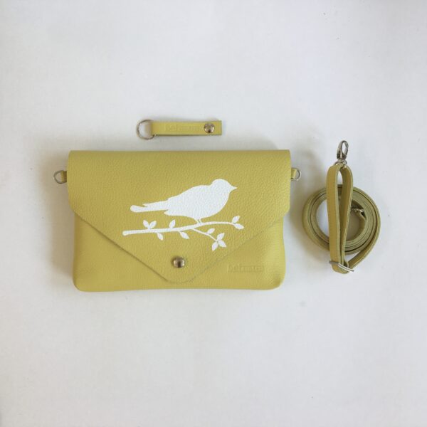 Beizonder leren tas Marian geel verwisselbare klep geel zeefdruk vogel